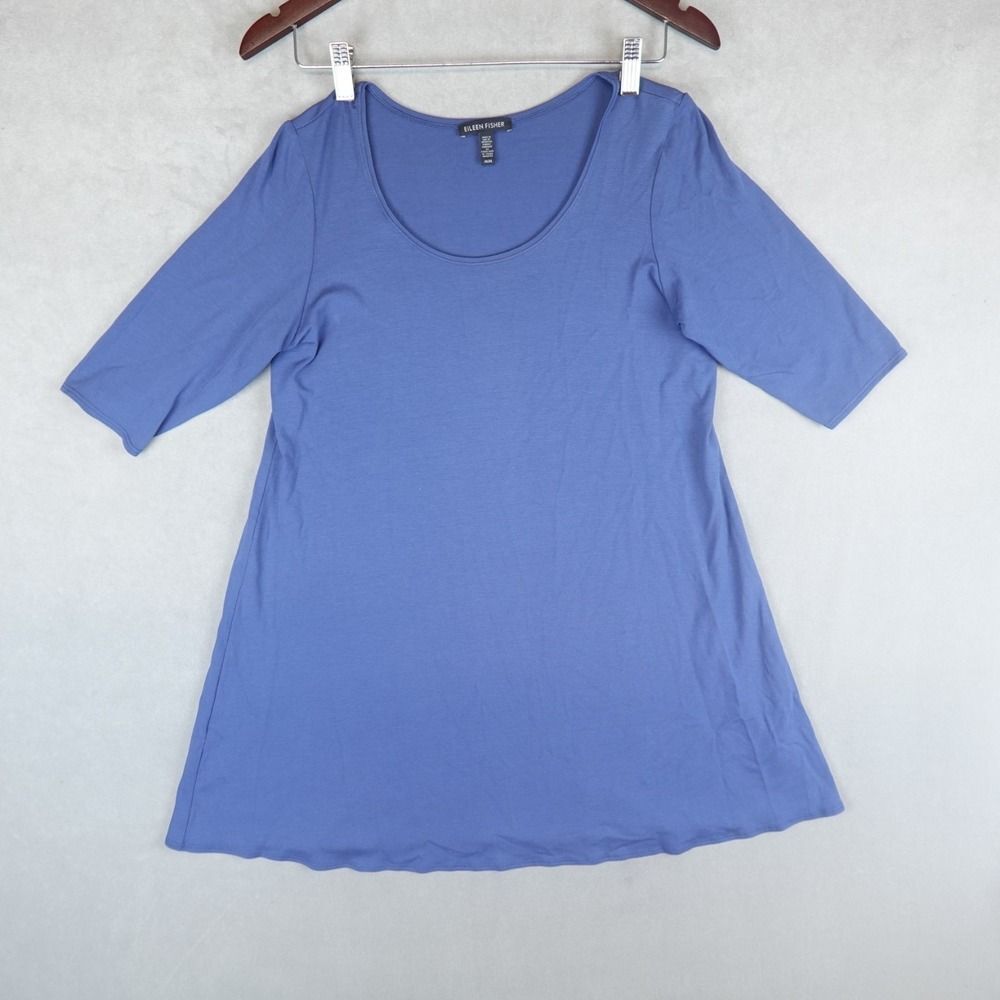 Eileen Fisher Tunic Top Womens Medium Round Neck Blue Viscose Jersey 3/4 Sleeves